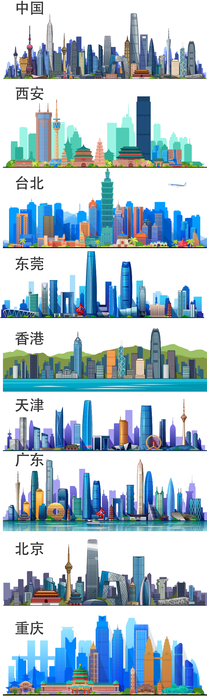 【国风典藏】西安/重庆/天津 城市地标建筑AI矢量设计素材合集（超百款场景插画与免扣元素）