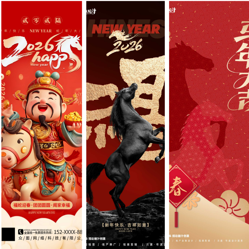 【2026马年专属】42款春节贺岁PS设计素材包：马上有福·新年大吉朋友圈海报模版