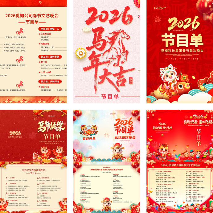 2026马年元旦晚会节目单设计全案：10套国潮风PS模板，打造殿堂级晚会视觉