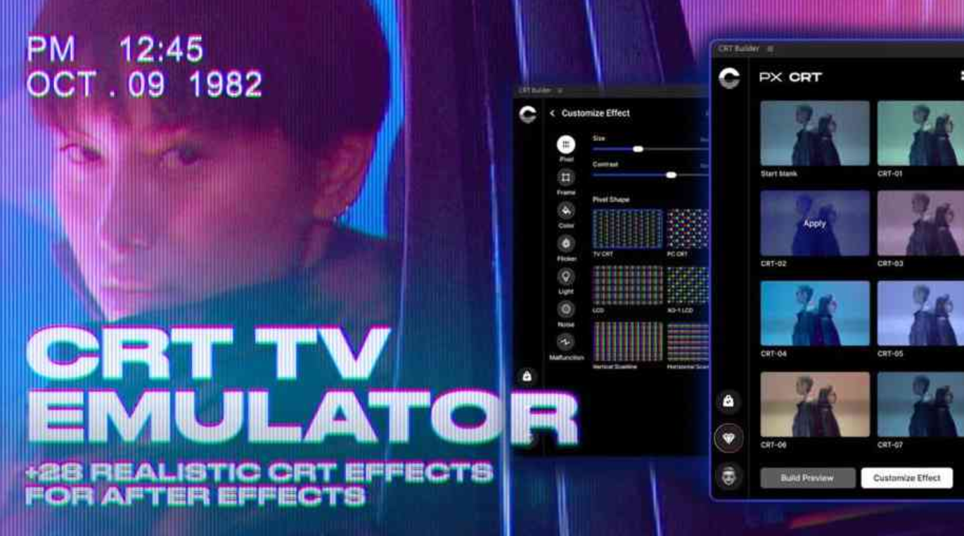 AE复古老电视雪花噪点特效脚本CRT TV Emulator V1.0：拖拽即用，像素级自定义复古质感