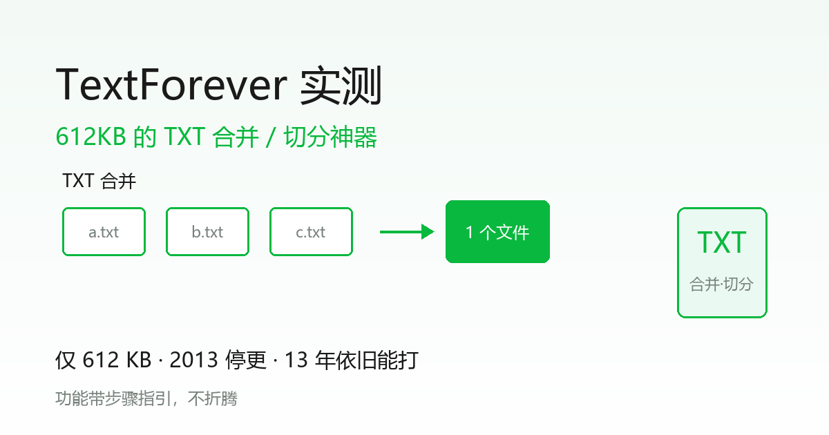 TXT 合并工具：TextForever 仅 612KB，停更 13 年依旧能打