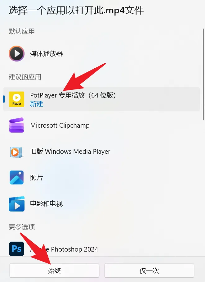 设置PotPlayer为默认播放器